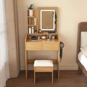 Vanity Table with LED-Illuminated Mirror, Power Outlet, Hairdryer Holder & Stool â€“ Compact Dressing Desk for Small Bedrooms