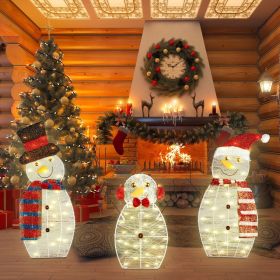 3-Piece Christmas Snowman Family Decorations (Father/Mother/Baby), 2D Plush-Wrapped Metal Frame with 3Ã—9.84ft LED String Lights (30 Beads/Each)