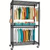 Heavy Duty 3-Tier Rolling Garment Rack Carbon Steel Clothes Organizer with Locking Wheels Dual Hanging Rods Side Hooks Freestanding Metal Wardrobe Sto