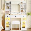 43.2" Vanity Desk with LED Mirror and Lights, Glass Top Vanity with RGB Glass Light Cabinets, Dressing Table with 3 Drawers