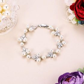 Gorgeous Cubic Zirconia Wedding Jewelry for Bride Bridesmaid, Elegant Simulated Pearl Teardrop Tennis Bracelet Gift for Women (Style: Leaf_Silver-Plated-Brass)