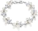 Gorgeous Cubic Zirconia Wedding Jewelry for Bride Bridesmaid, Elegant Simulated Pearl Teardrop Tennis Bracelet Gift for Women